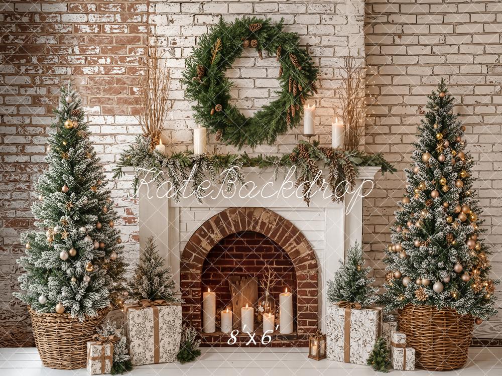 Kate Christmas Fireplace Tree Wreath Brick Wall Printed Backdrop Designed by Emetselch