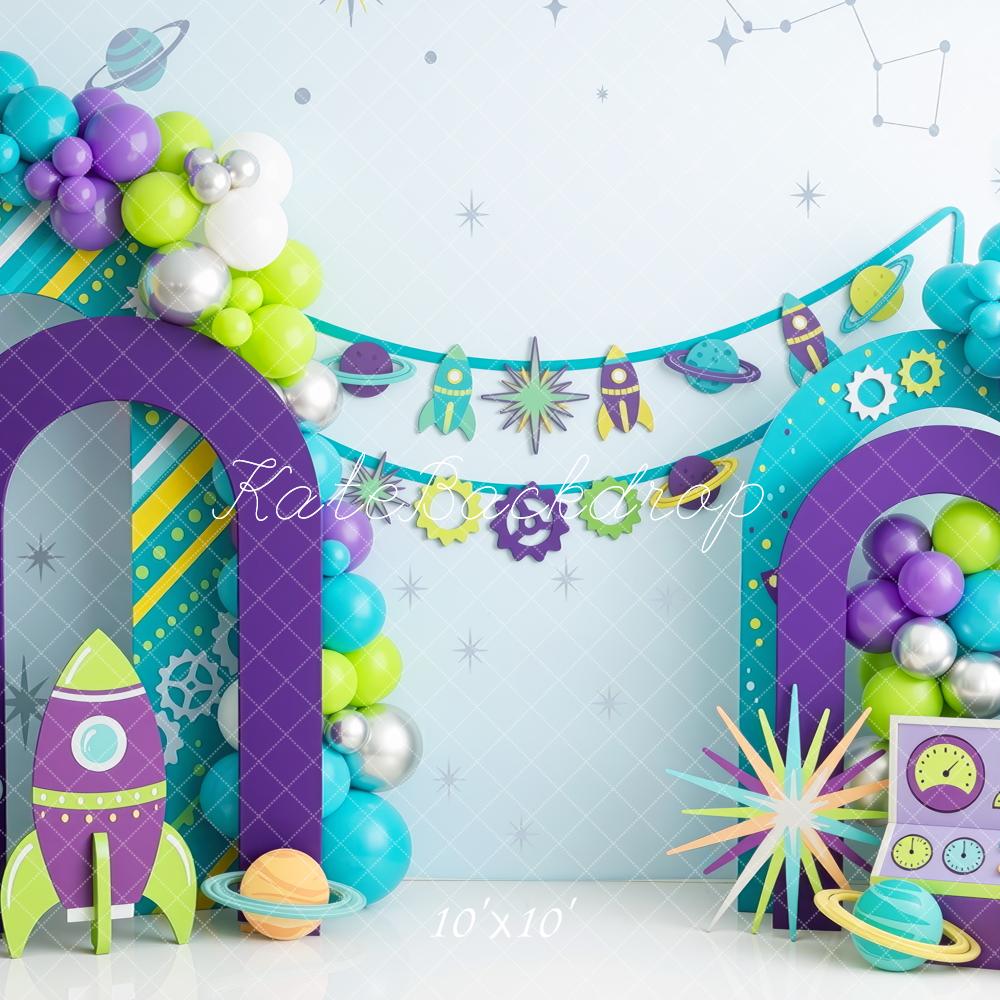 Kate Birthday Space Balloon Arch Rockets Purple Green Printed Backdrop Designed by Mini MakeBelieve
