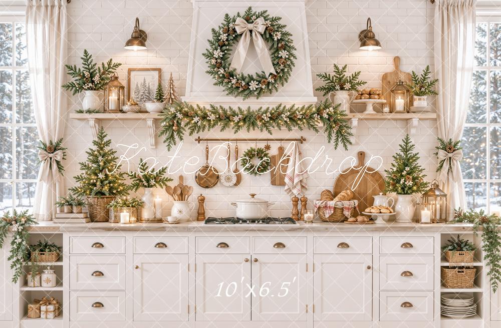 Kate Christmas White Kitchen Cabinet Wreath Garland Printed Backdrop Designed by Emetselch