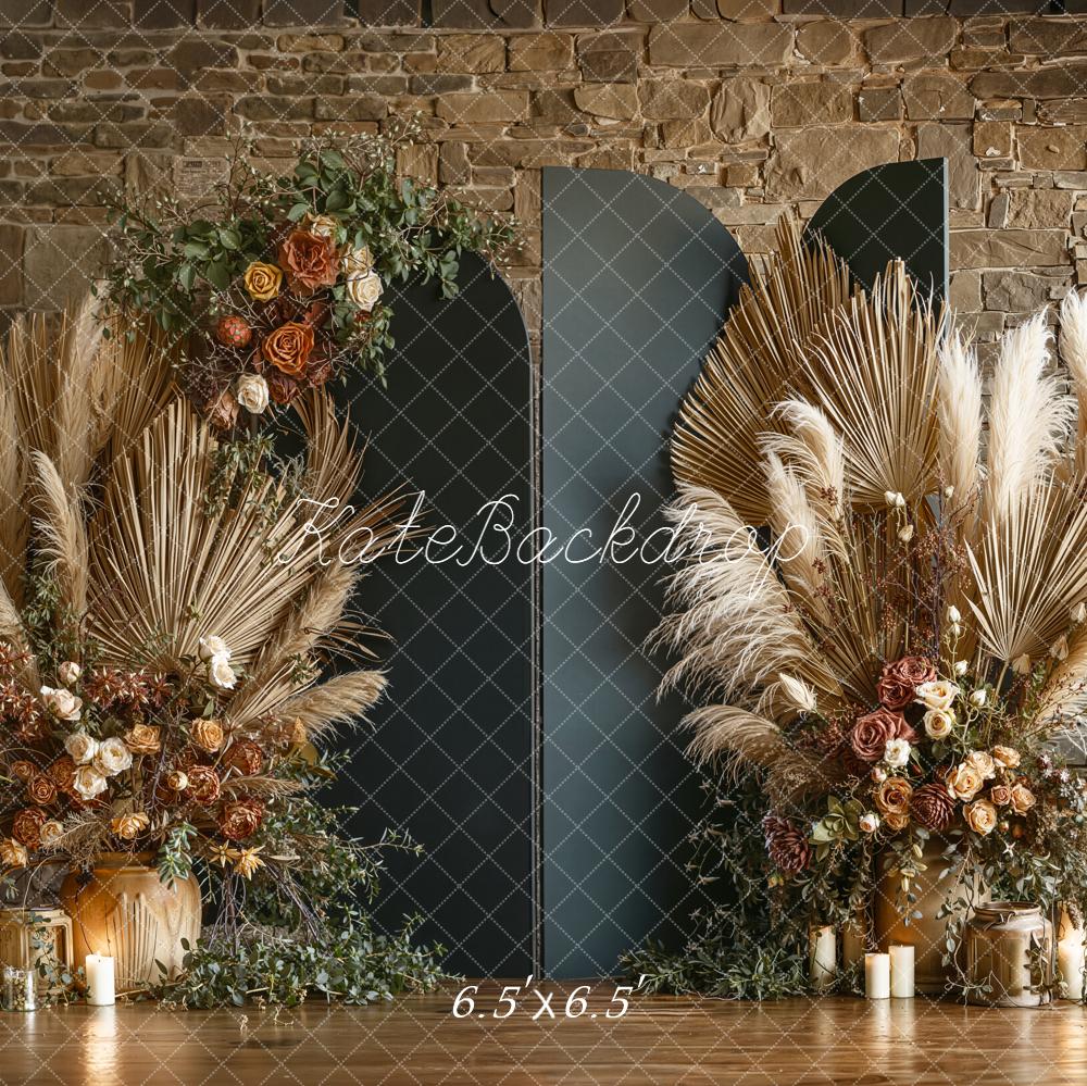 Kate Mother's Day Boho Pampas Grass Dried Flowers Stone Wall Backdrop Designed by Emetselch