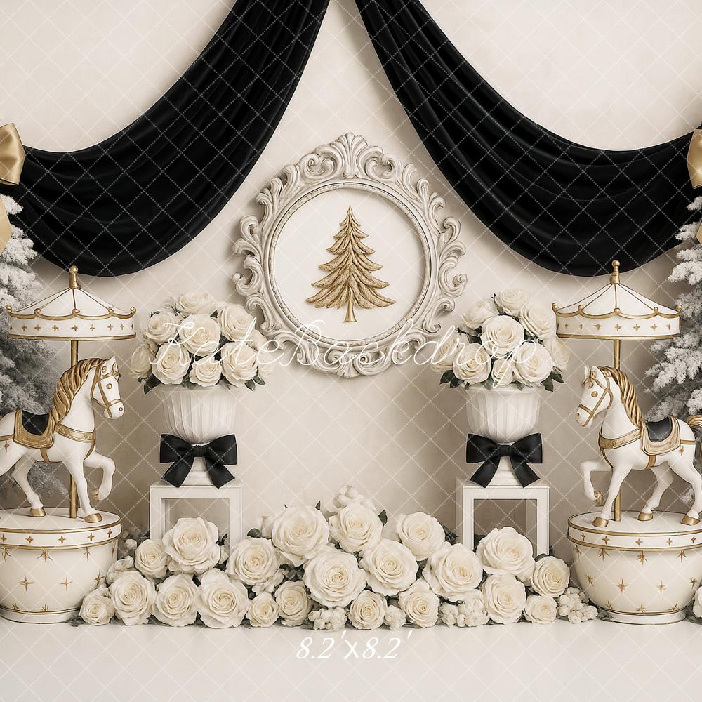 Kate Christmas Carousel White Roses Frosted Trees Backdrop Designed by Ashley Paul