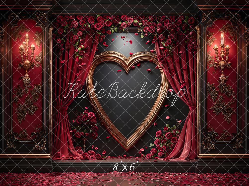 Kate Valentines Red Heart Frame Roses Curtains Floral Backdrop Designed by Emetselch