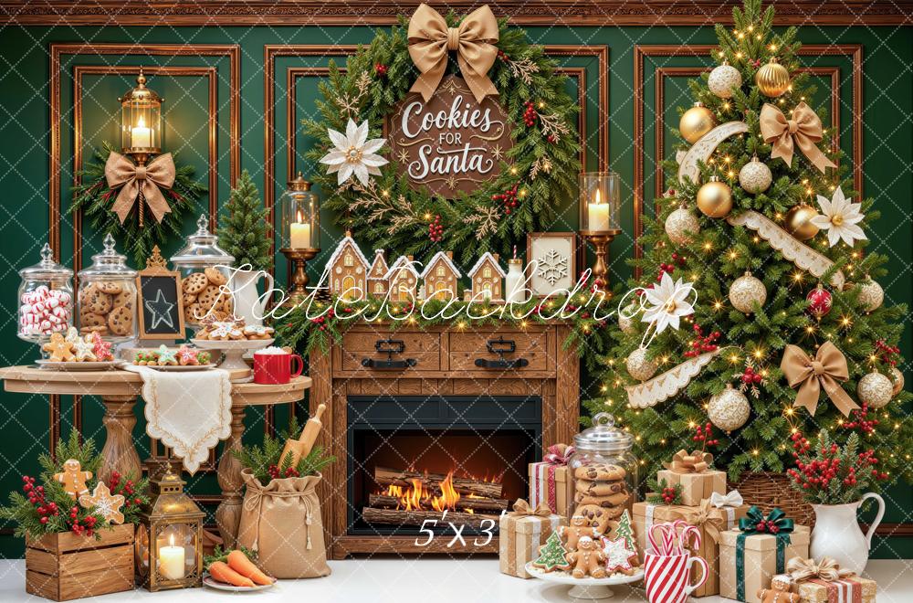 Kate Christmas Fireplace Cookies Tree Baking Green Printed Backdrop Designed by Mini MakeBelieve