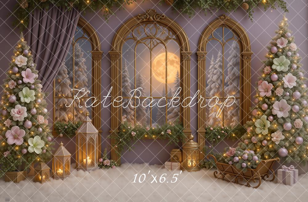Kate Christmas Gold Arched Window Flower Tree Lantern Sleigh Backdrop Designed by Ashley Paul