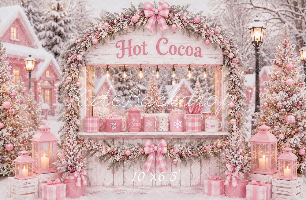 Kate Christmas Pink Hot Cocoa Stand Snowy Village Printed Backdrop Designed by Ashley Paul