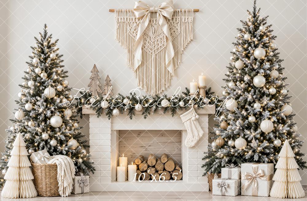 Kate Christmas Boho White Fireplace Trees Macrame Printed Backdrop Designed by Emetselch