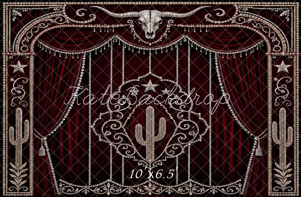 Kate Burgundy Western Rhinestone Red Curtain Printed Backdrop Designed by Vertigo Productions