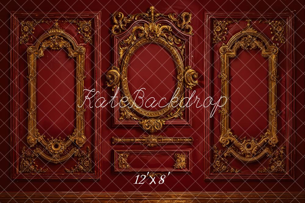 Kate Vintage Ornate Gold Frame Red Wall Backdrop Designed by Emetselch