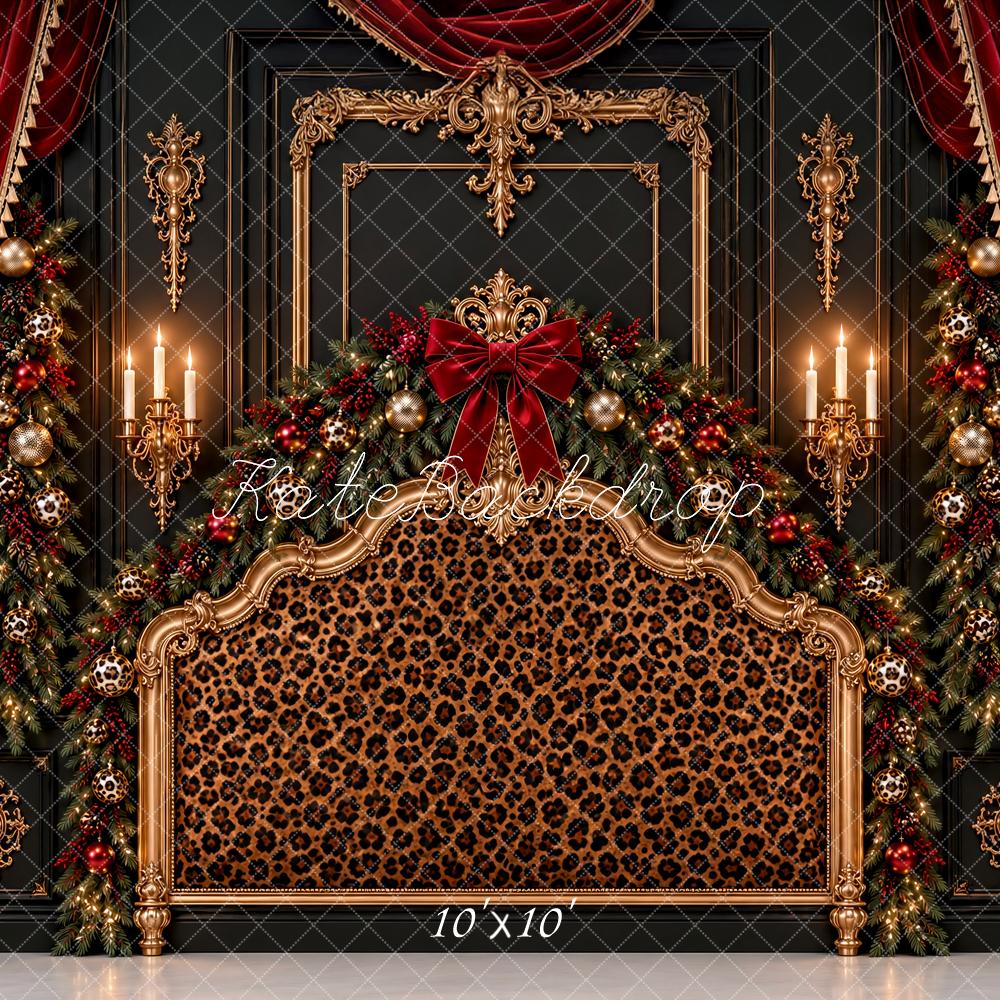 Kate Christmas Leopard Print Headboard Red Curtain Ornate Frame Printed Backdrop Designed by Ashley Paul