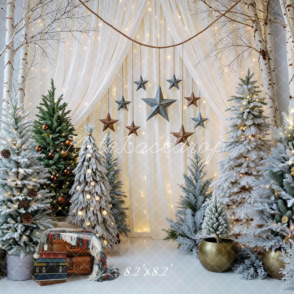 Kate Christmas Indoor Snowy Trees Cream White Curtains Stars Garland Printed Backdrop Designed by Mini MakeBelieve