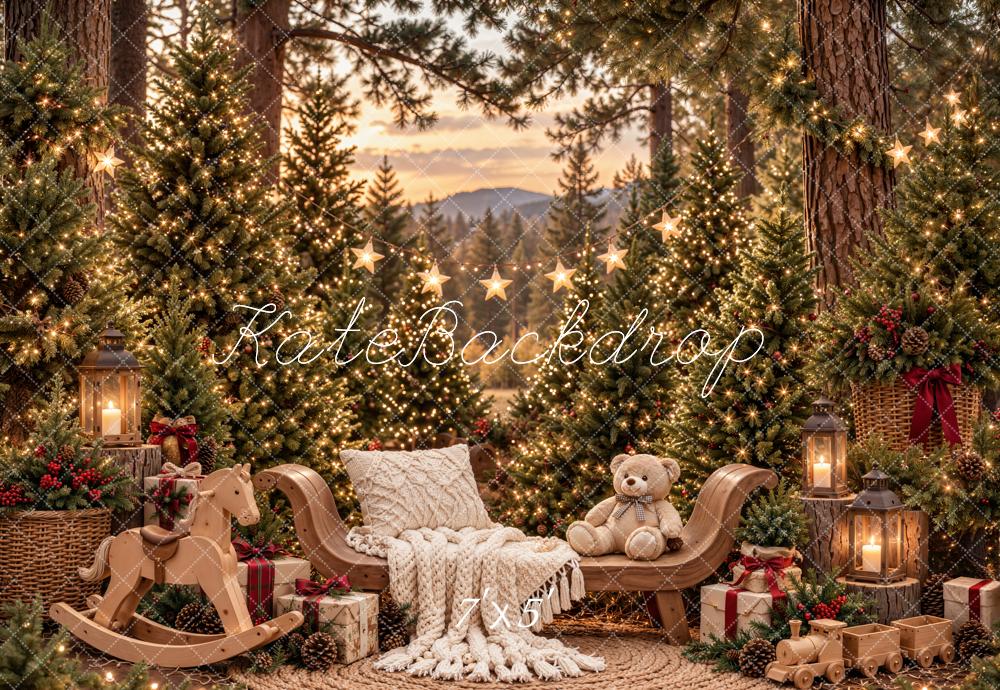 Kate Christmas Forest Cozy Rocking Horse Teddy Bear Printed Backdrop Designed by Emetselch