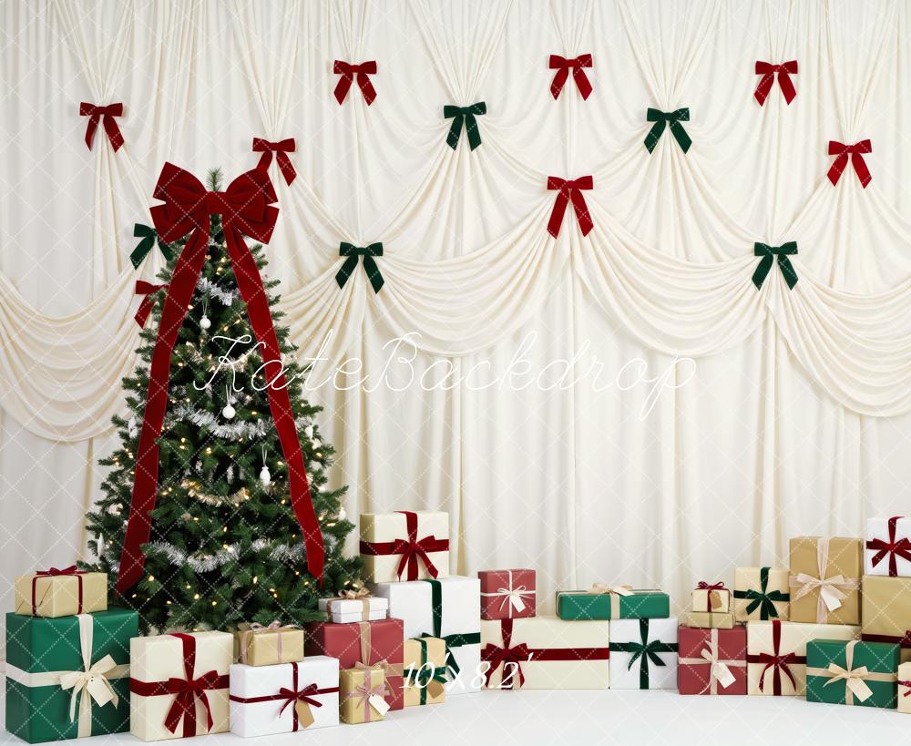 Kate Christmas Tree Elegant Ribbon Wall Gift Boxes Red Green Bows Printed Backdrop Designed by Patty Roberts