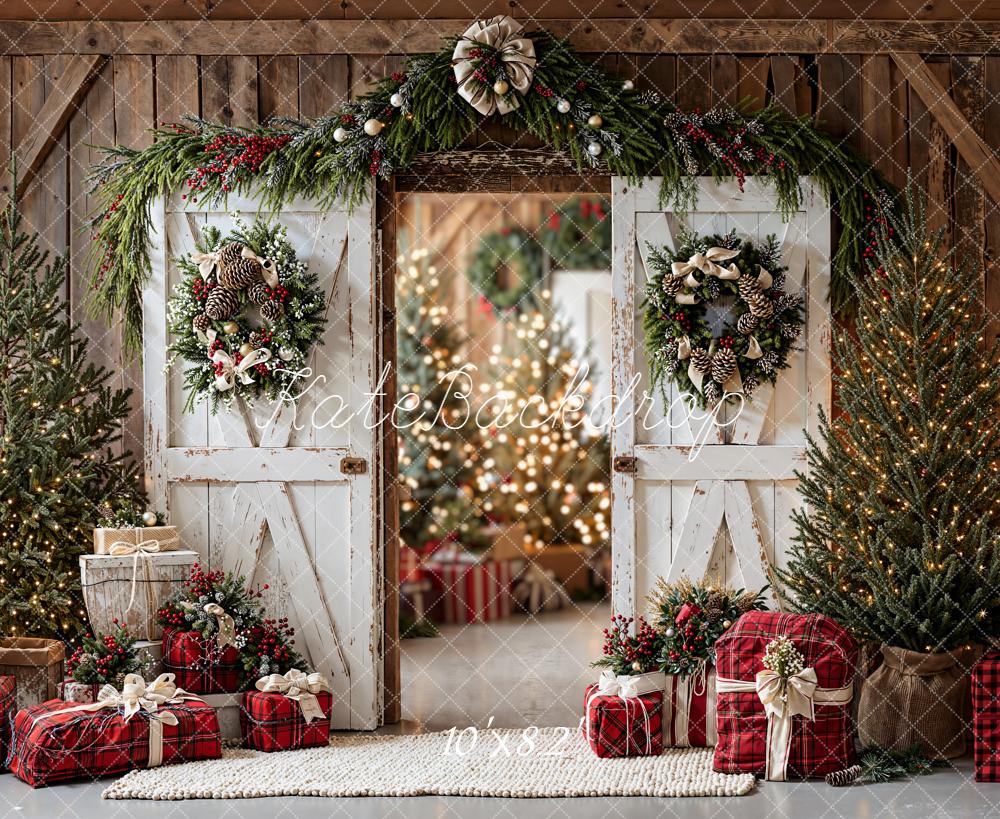 Puertas de granero navideñas de pino árboles de cuadros regalos fondo rústico Designed by Emetselch