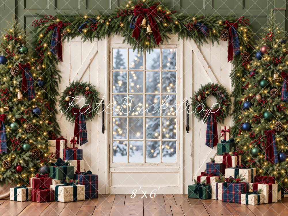 Kate Christmas Trees Window White Doors Presents Garland Printed Backdrop Designed by Emetselch