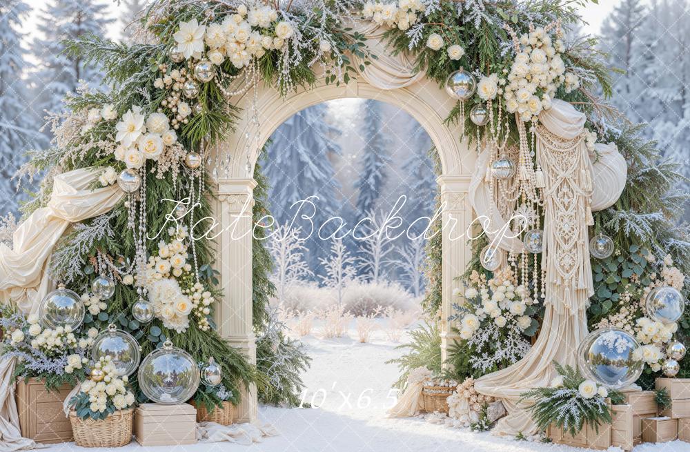 Kate Winter Boho Wedding Flower Arch Greenery Snow Printed Backdrop Designed by Mini MakeBelieve