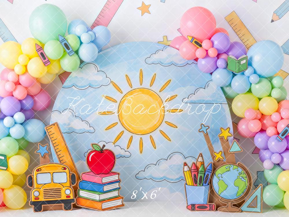 Kate Back To School Colorful Balloon Arch School Supplies Printed Backdrop Designed by Mini MakeBelieve