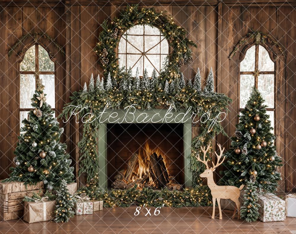 Kate Christmas Tree Wood Fireplace Wreath Deer Backdrop Designed by Emetselch