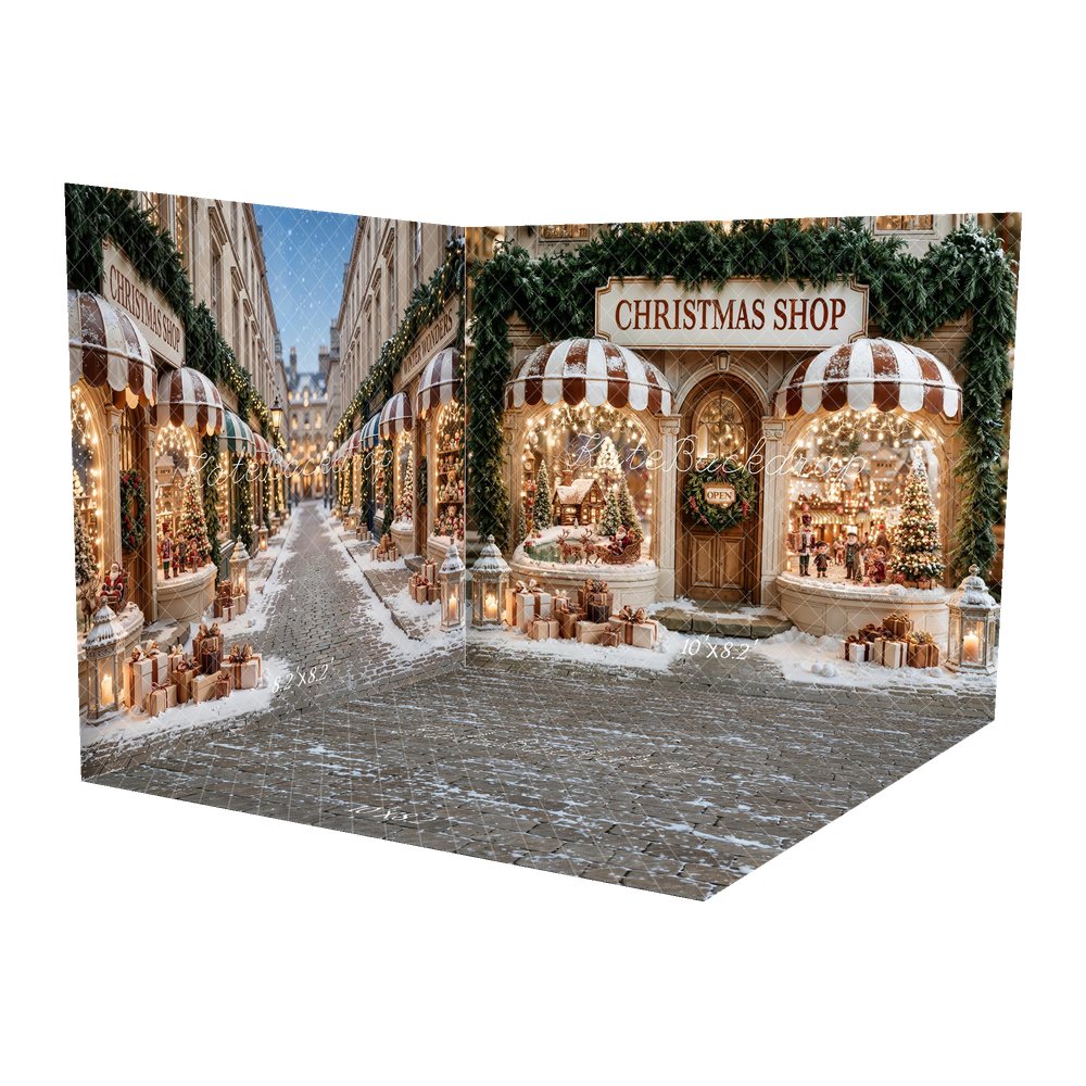 Kate Christmas Shop Santa Sleigh Village Christmas Tree Snow Printed Backdrop Room Set
