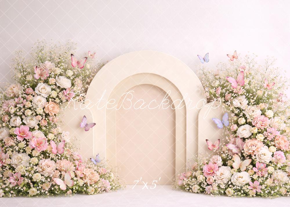Kate Flower Arch Cream Arch Pastel Butterflies Printed Backdrop Designed by Caitlin Lynch