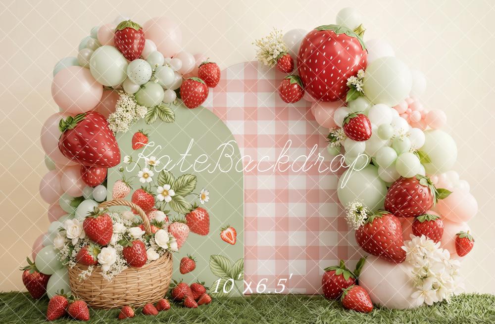 Kate Cake Smash Strawberry Balloon Arch Gingham Basket Flowers Backdrop Designed by Emetselch