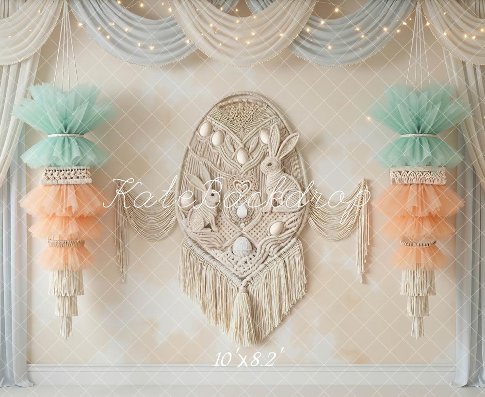 Kate Easter Bunny Macrame Pastel Tulle Drapes Printed Backdrop Designed by Mini MakeBelieve
