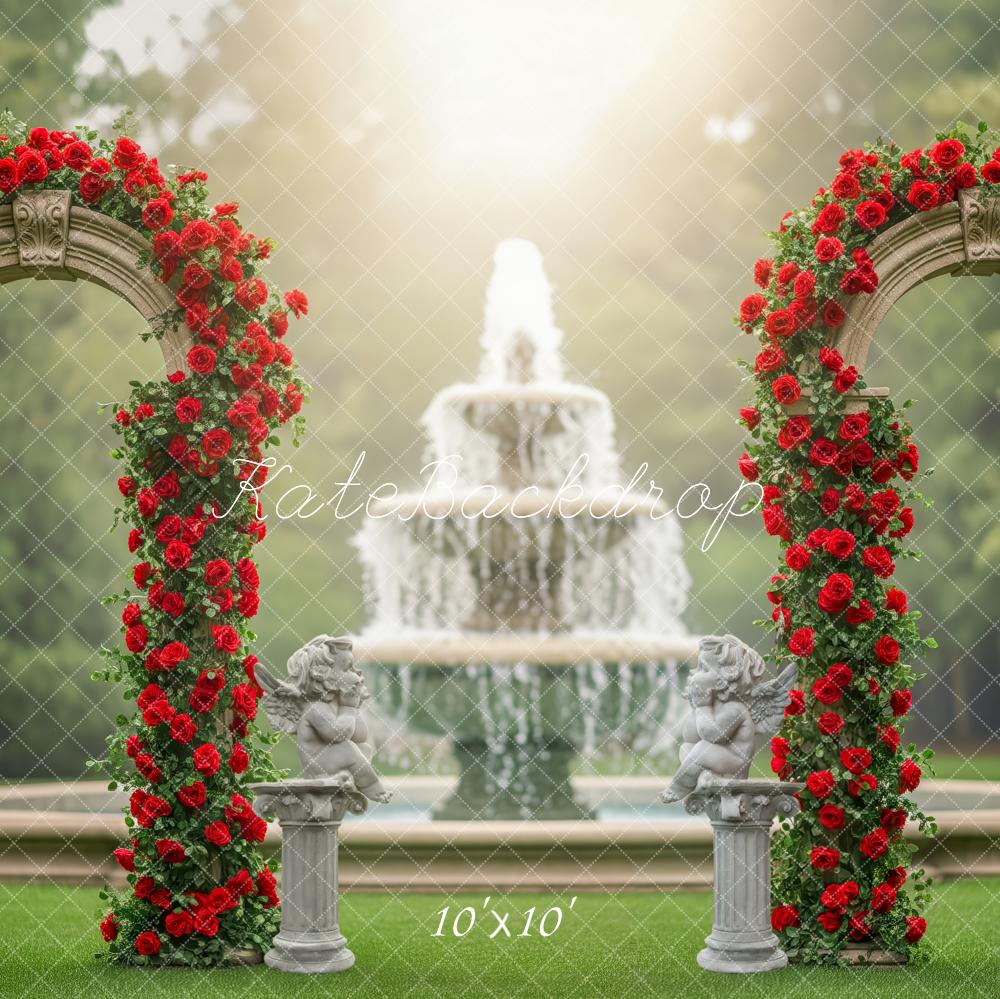 Kate Flower Arch Red Roses Fountain Cherub Statue Garden Backdrop Designed by Patty Roberts