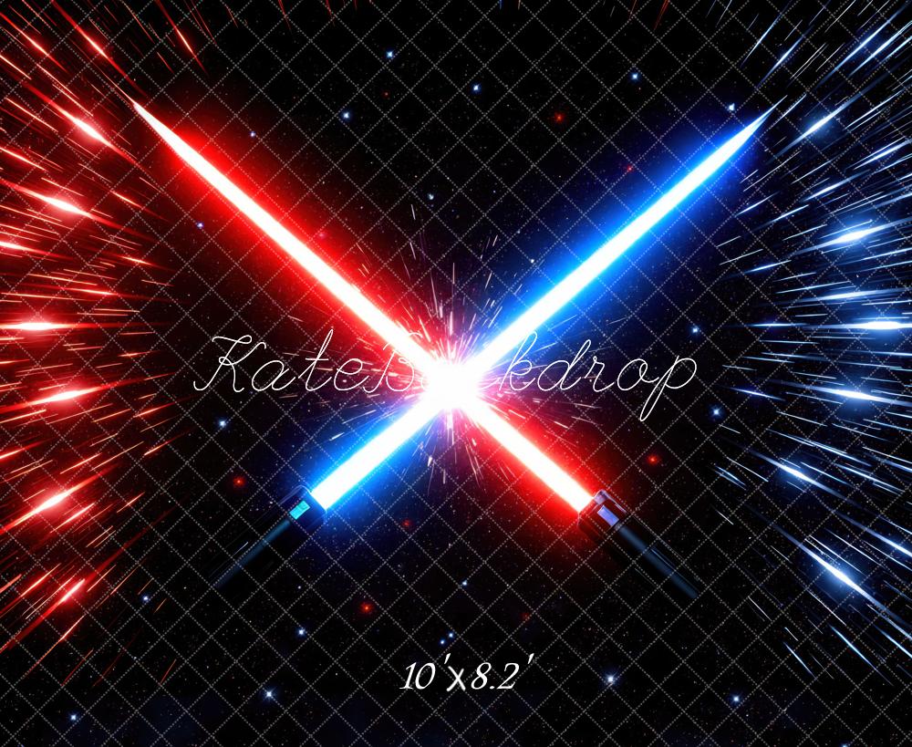 Kate Red Blue Laser Swords Space Burst Printed Backdrop Designed by Mini MakeBelieve