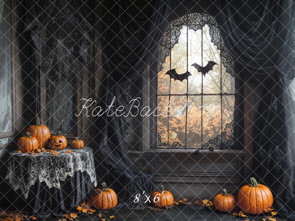Kate Halloween Gothic Spider Web Window Pumpkins Bats Printed Backdrop Designed by Emetselch