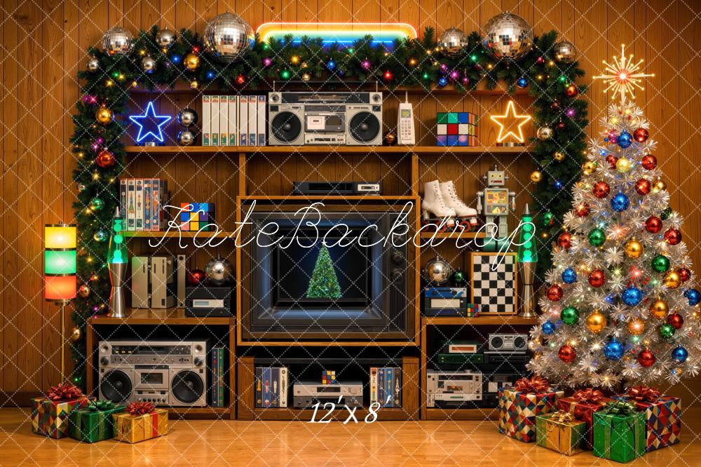 Kate Christmas Retro 80s Wall Shelf Christmas Tree Disco Ball Printed Backdrop Designed by Mini MakeBelieve