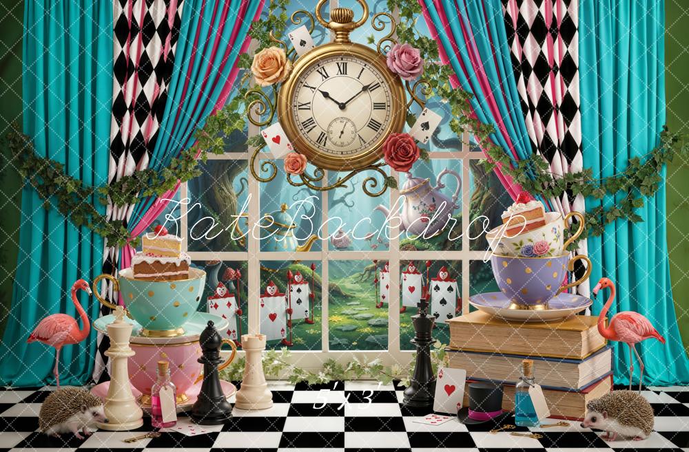 Kate Wonderland Tea Party Clock Chess Playing Cards Printed Backdrop Designed by Emetselch