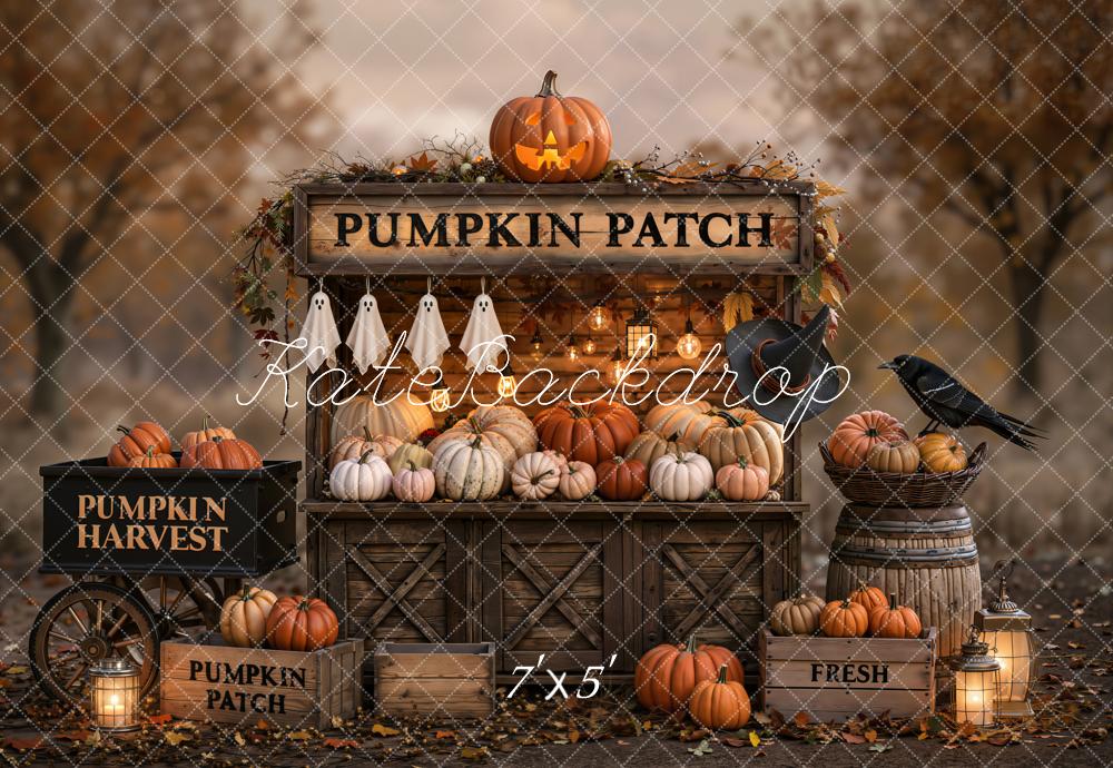 Kate Halloween Pumpkin Patch Ghosts Harvest Stand Forest Printed Backdrop Designed by Emetselch
