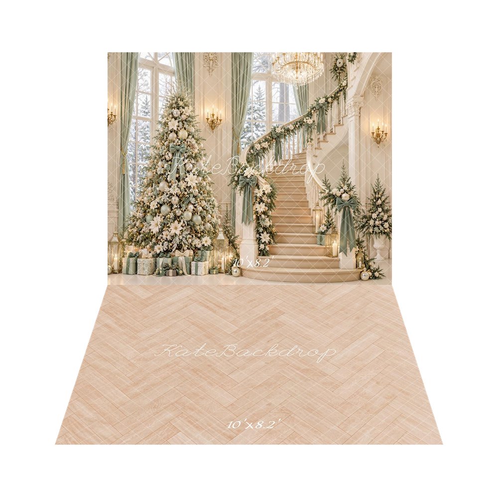 Kate Christmas Tree Staircase Garland Chandelier Printed Backdrop+Beige Herringbone Wood Texture Printed Backdrop