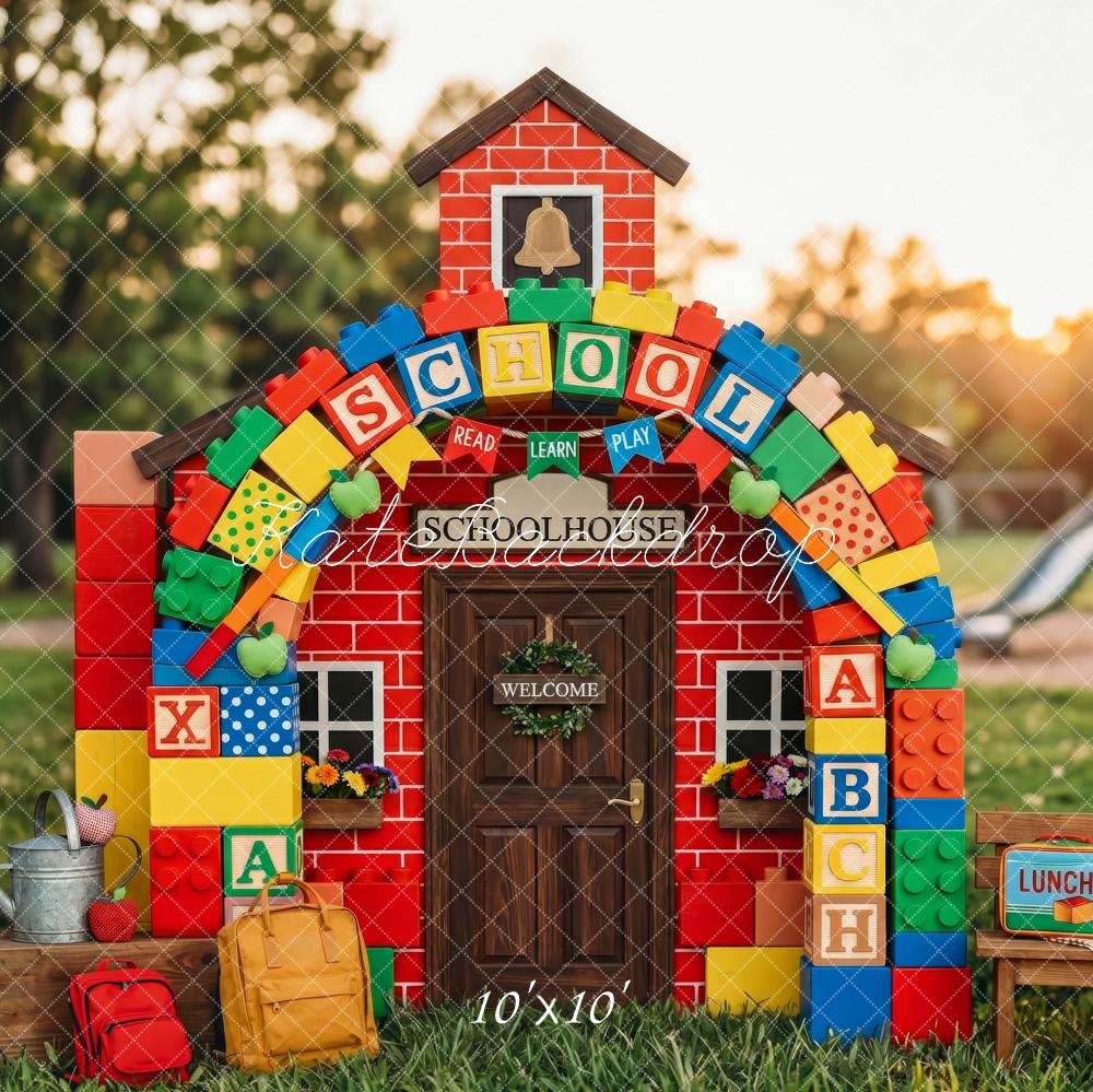 Kate Back To School Red Schoolhouse Building Blocks Playground Printed Backdrop Designed by Patty Roberts
