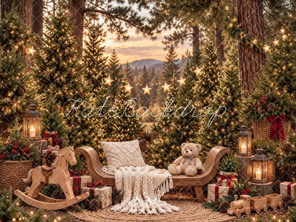 Kate Christmas Forest Cozy Rocking Horse Teddy Bear Printed Backdrop Designed by Emetselch