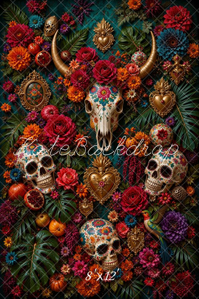 Kate Mexican Day Of The Dead Fine Art Skulls Floral Horns Printed Backdrop Designed by Ashley Ward