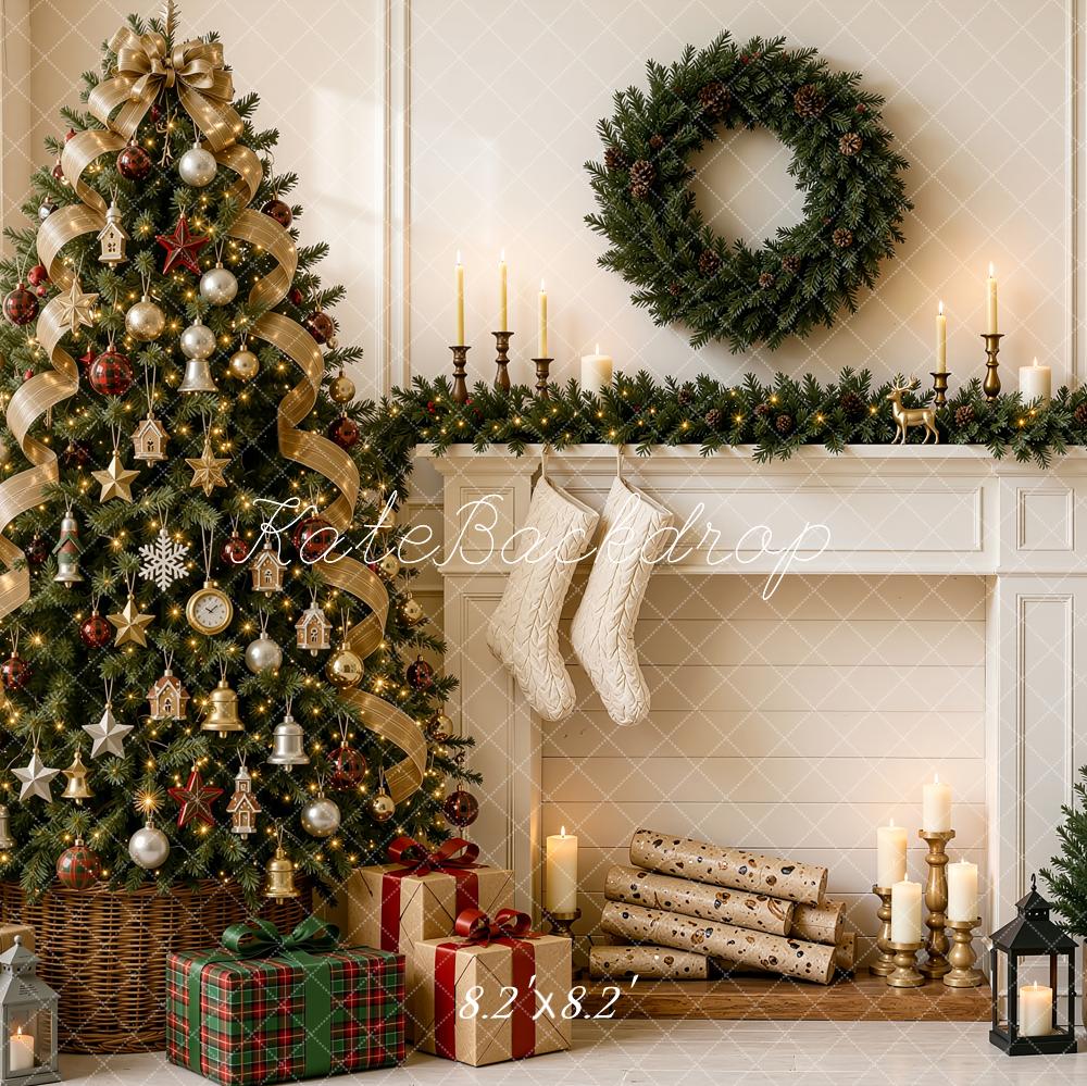 Kate Christmas Tree Fireplace Mantel Wreath Plaid Ladder Printed Backdrop Designed by Shutter Swan Studios