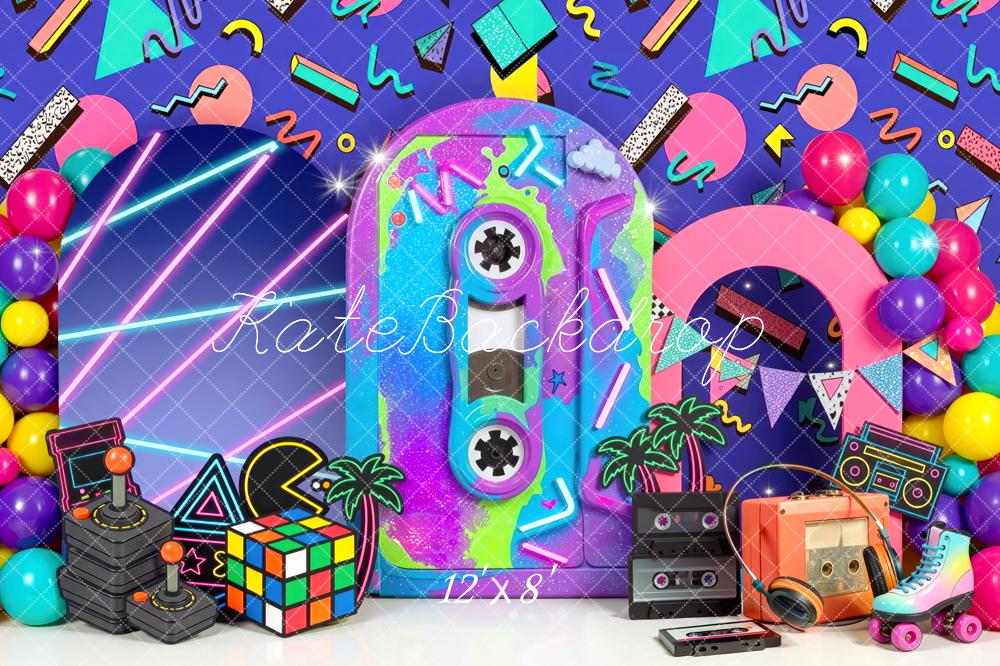 Kate Birthday Retro 80s Neon Arcade Boombox Printed Backdrop Designed by Mini MakeBelieve