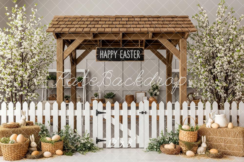 Kate Easter Garden Wooden Gazebo White Fence Eggs Baskets Blossoms Backdrop Designed by Patty Roberts