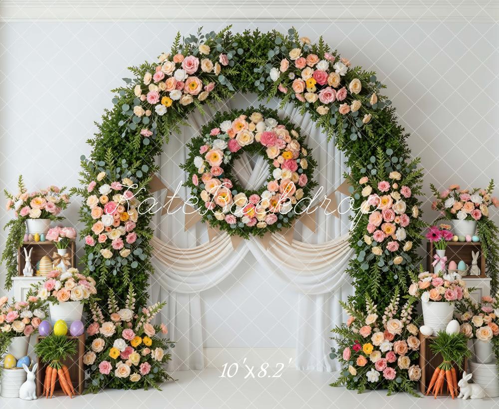 Kate Easter Bunny Flower Arch Pastel Eggs Carrots Printed Backdrop Designed by Mini MakeBelieve