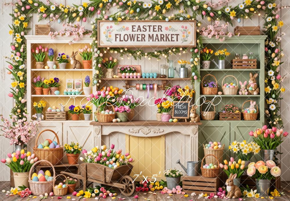 Kate Easter Flower Market Tulips Wood Shelf Eggs Printed Backdrop Designed by Patty Roberts