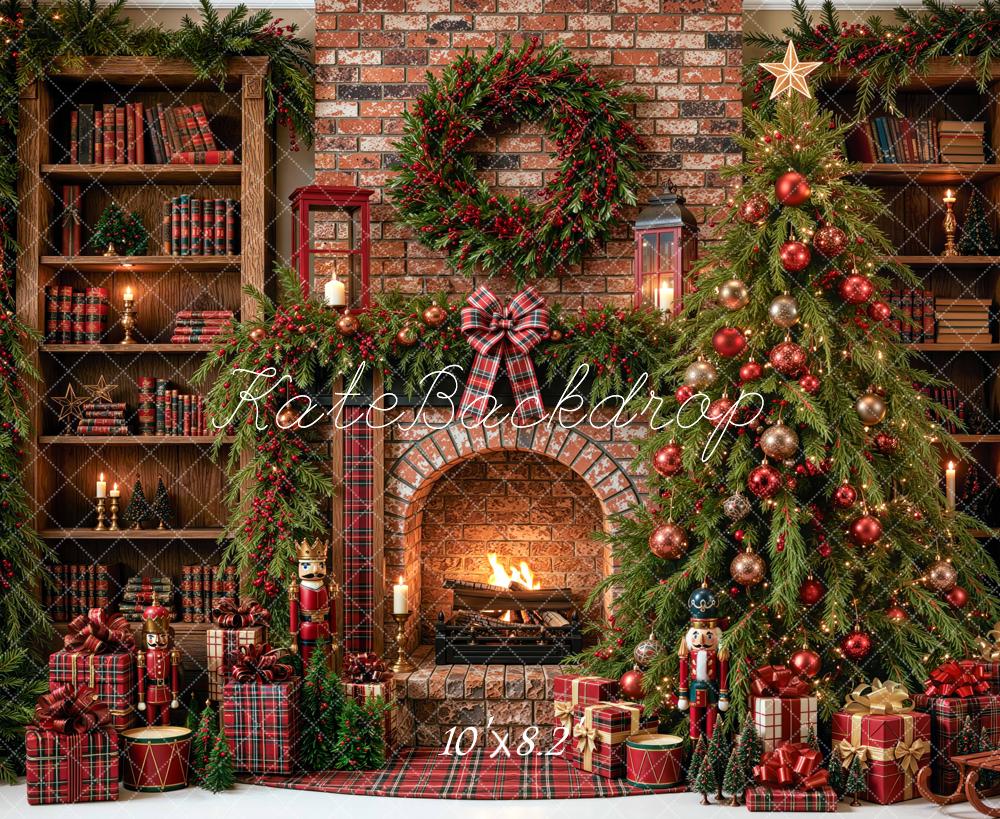 Kate Christmas Tree Library Brick Fireplace Wreath Red Plaid Printed Backdrop Designed by Mini MakeBelieve