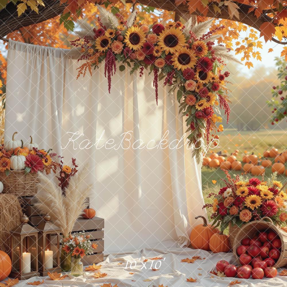Kate Fall Sunflower Branch Arch Drapes Pumpkins Apples Lanterns Picnic Printed Backdrop Designed by Mini MakeBelieve