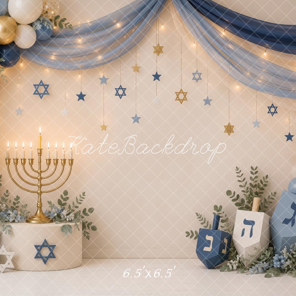 Kate Hanukkah Menorah Dreidel Star of David Balloons Drapes Printed Backdrop Designed by Ashley Ward