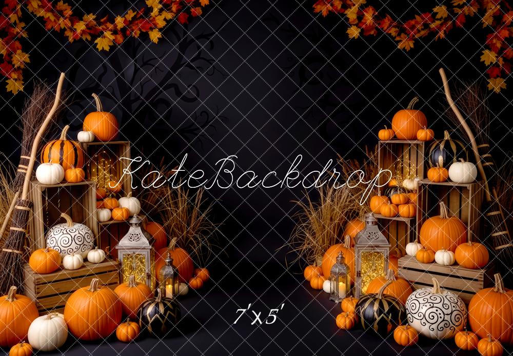 Kate Halloween Pumpkins Crates Lanterns Maple Leaves Backdrop Designed by Patty Roberts