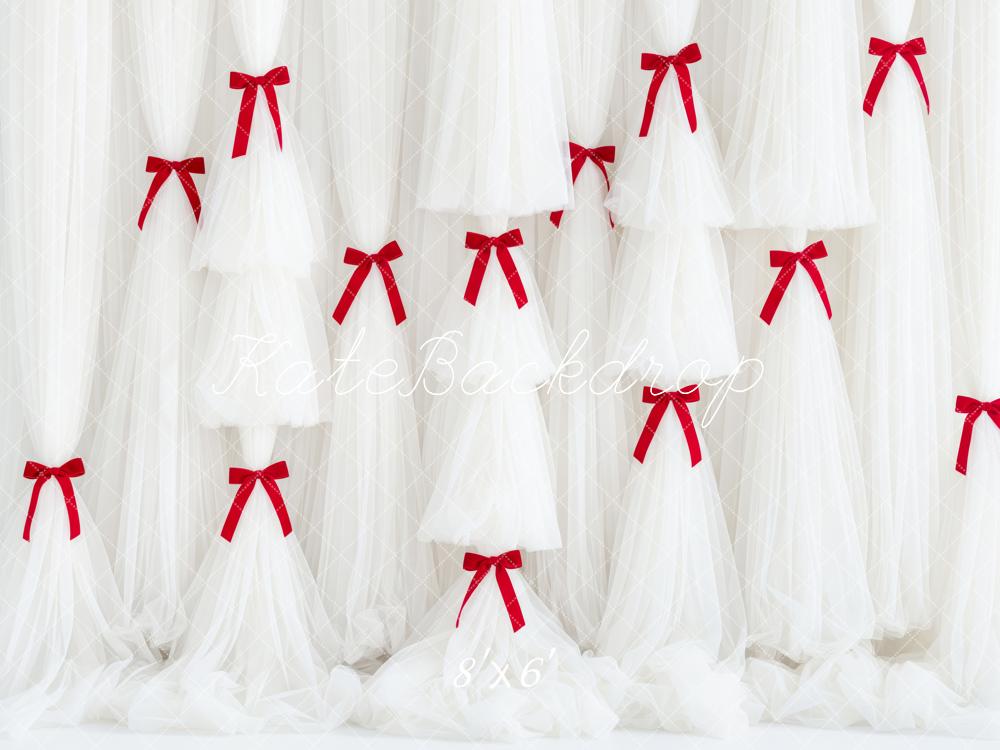 Kate White Tulle Curtains with Red Bows Backdrop Designed by Patty Roberts