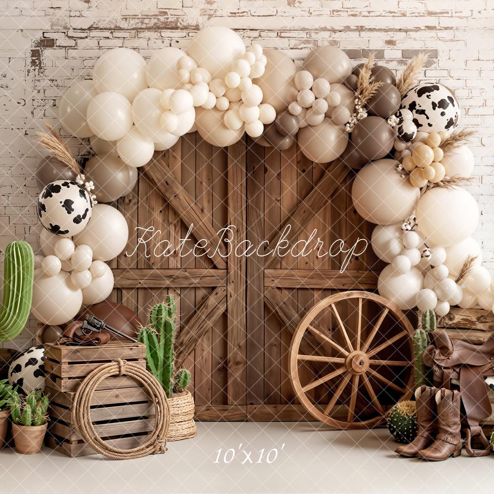 Kate Western Barn Door Cow Print Balloon Arch Cactus Printed Backdrop Designed by Emetselch