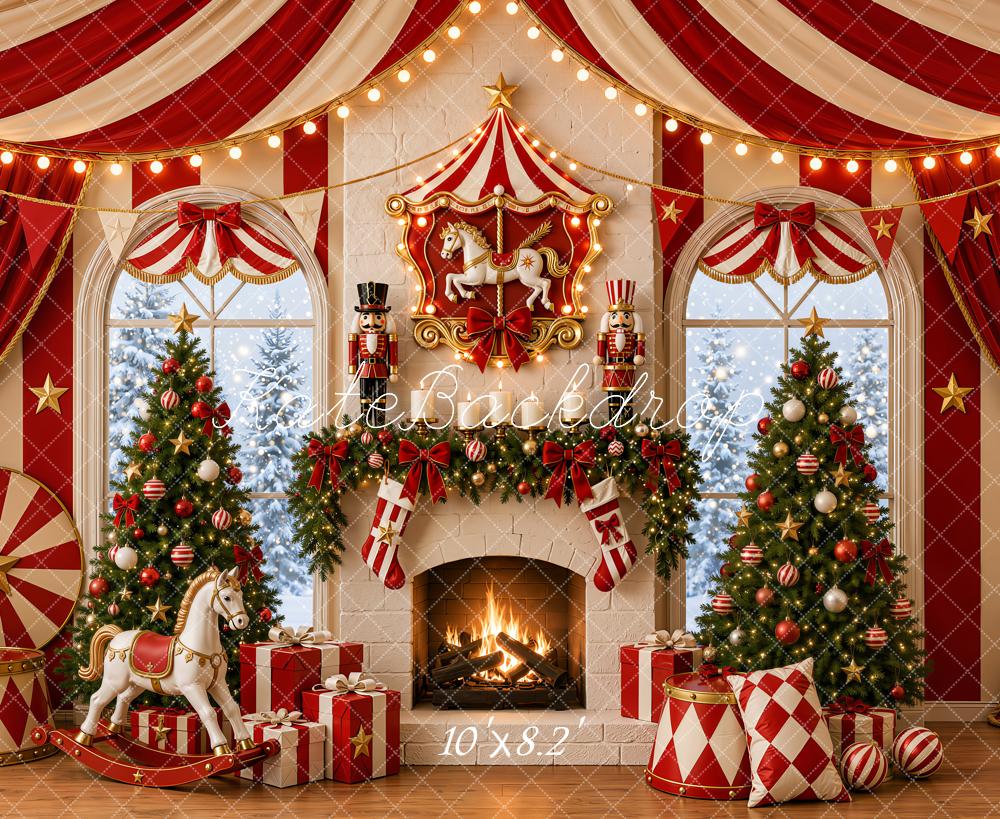 Kate Christmas Trees Circus Fireplace Window Rocking Horse Printed Backdrop Designed by Emetselch