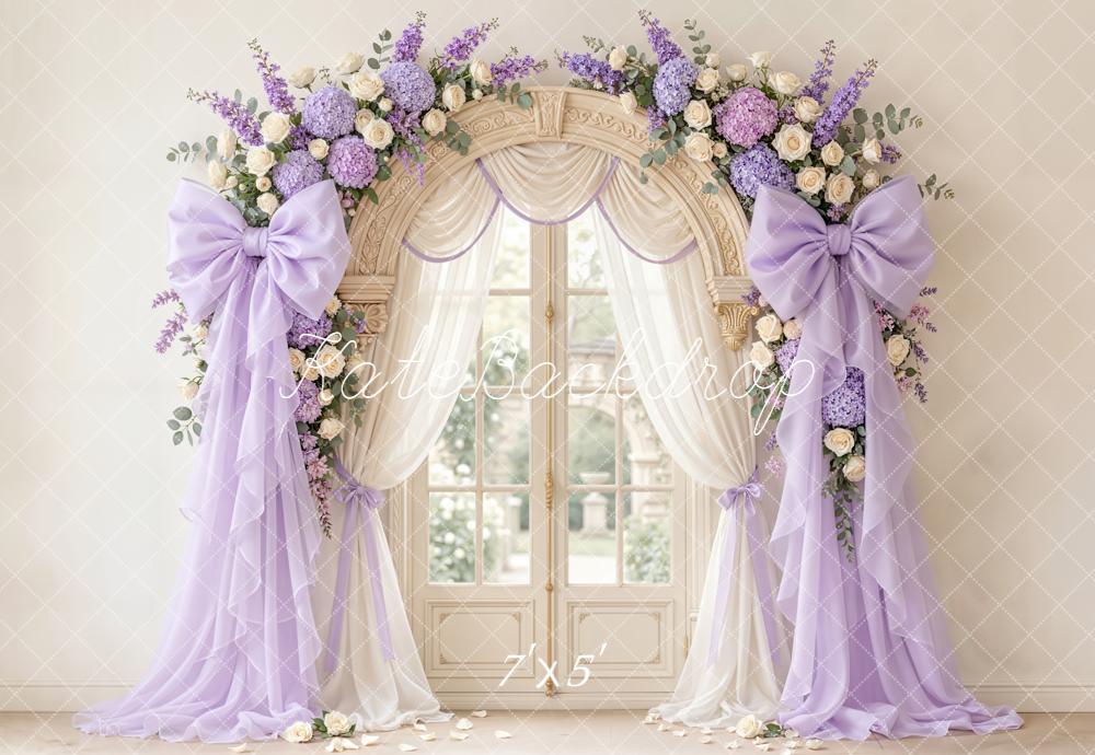 Kate Mother's Day Flower Arch Purple Bow Drapes Window Printed Backdrop Designed by Emetselch