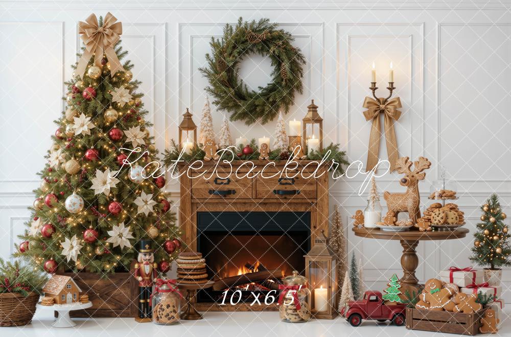 Kate Christmas Tree Wood Fireplace Wreath Gingerbread Cookies Printed Backdrop Designed by Mini MakeBelieve