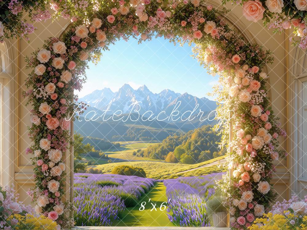 Kate Spring Flower Arch Mountain Lavender Field Backdrop Designed by Mini MakeBelieve